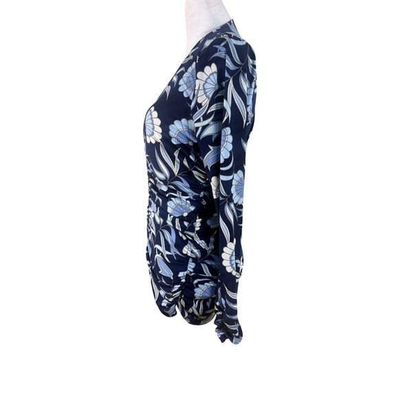 WHBM Floral Ruched Top Womens Size M Blue NWT Long Sleeve V-Neck Jersey - Picture 7 of 10